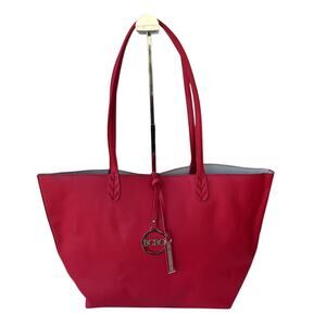 BCBG Women Red Faux Leather Gold Tone Logo Double Handle Shoulder Tote Bag